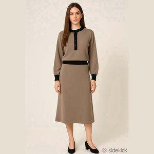 Eaton Vintage 100% Wool Medium Taupe Two Piece Set Skirt Long Sleeve Sweater